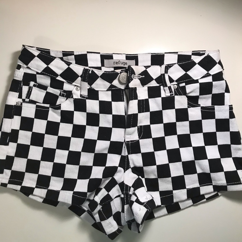 Checkered print jean shorts